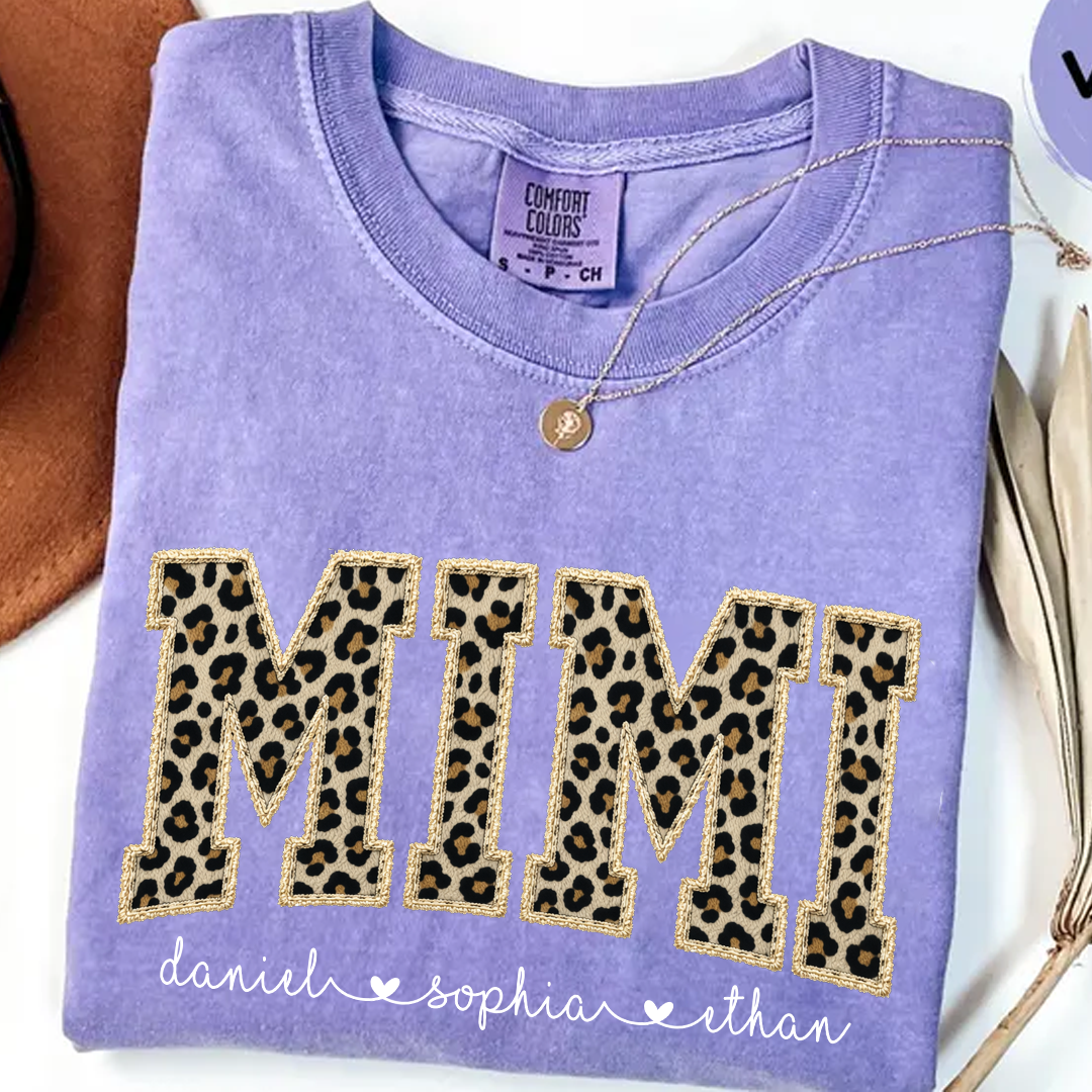 Personalized Mimi Shirt Leopard Print Patchwork Design Custom Grandma Nana Gigi Name Tee with Grandkids Names Trendy Animal Pattern Family Gift for Women
