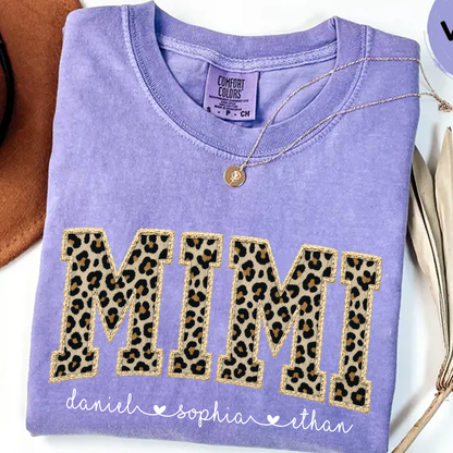 Personalized Mimi Shirt Leopard Print Patchwork Design Custom Grandma Nana Gigi Name Tee with Grandkids Names Trendy Animal Pattern Family Gift for Women