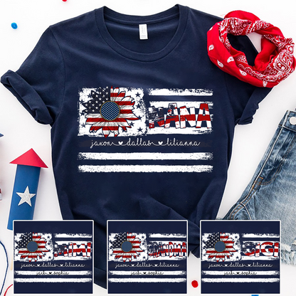 Personalized Nana Shirt with Grandkids Names, American Flag Sunflower Patriotic T-Shirt, Custom Grandma Gif