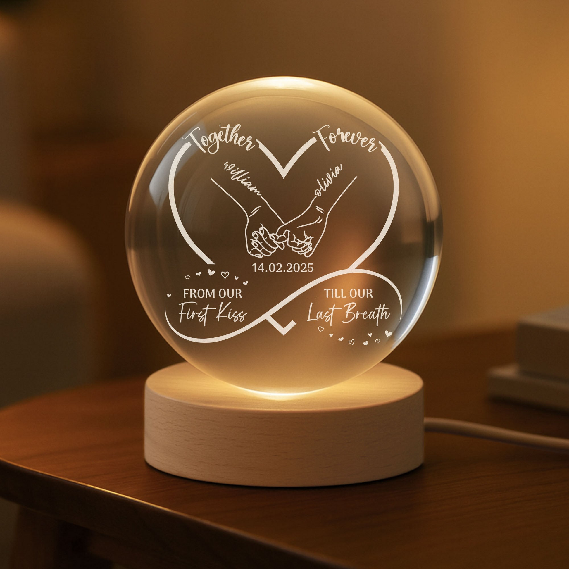 Personalized Globe Lamp for Couples – Together Forever Photo Light, From Our First Kiss Till Our Last Breath, Unique Romantic Gift Crystal Night Ball