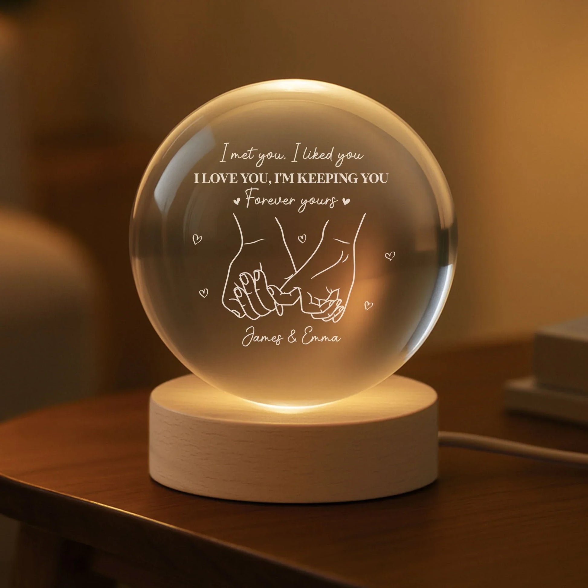Globe Lamp with Holding Hands Line Art Romantic Night Light Unique Gift for Couples