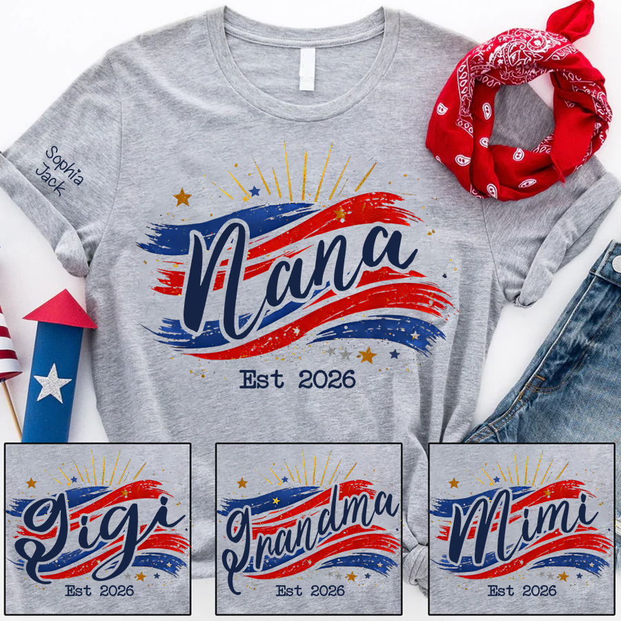 Promoted to Nana Est 2026 Shirt, Personalized Patriotic Nana T-Shirt with Grandkids Names on Sleeve, American Flag Brush Stroke Custom Grandma Tee