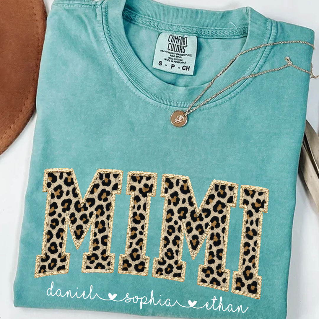 Personalized Mimi Shirt Leopard Print Patchwork Design Custom Grandma Nana Gigi Name Tee with Grandkids Names Trendy Animal Pattern Family Gift for Women