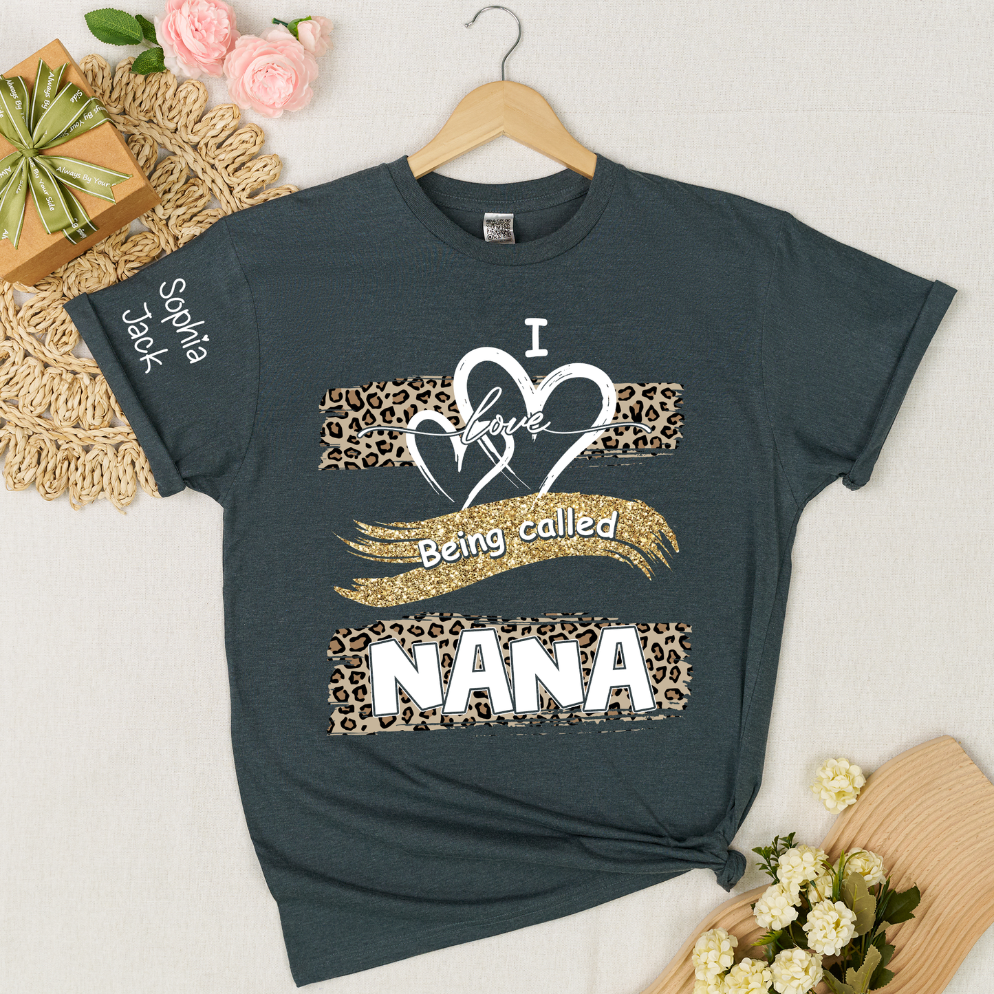 Personalized Nana Shirt Leopard Heart and Glitter Design Custom Grandma Mimi Gigi Name Tee I Love Being Called Nana Family Gift for Her