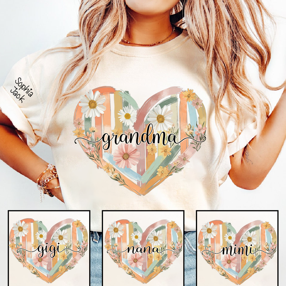 Personalized Grandma Shirt Retro Floral Heart Design Custom Nana Mimi Gigi Name Tee with Grandkids Names Vintage Family Outfit Gift for Her