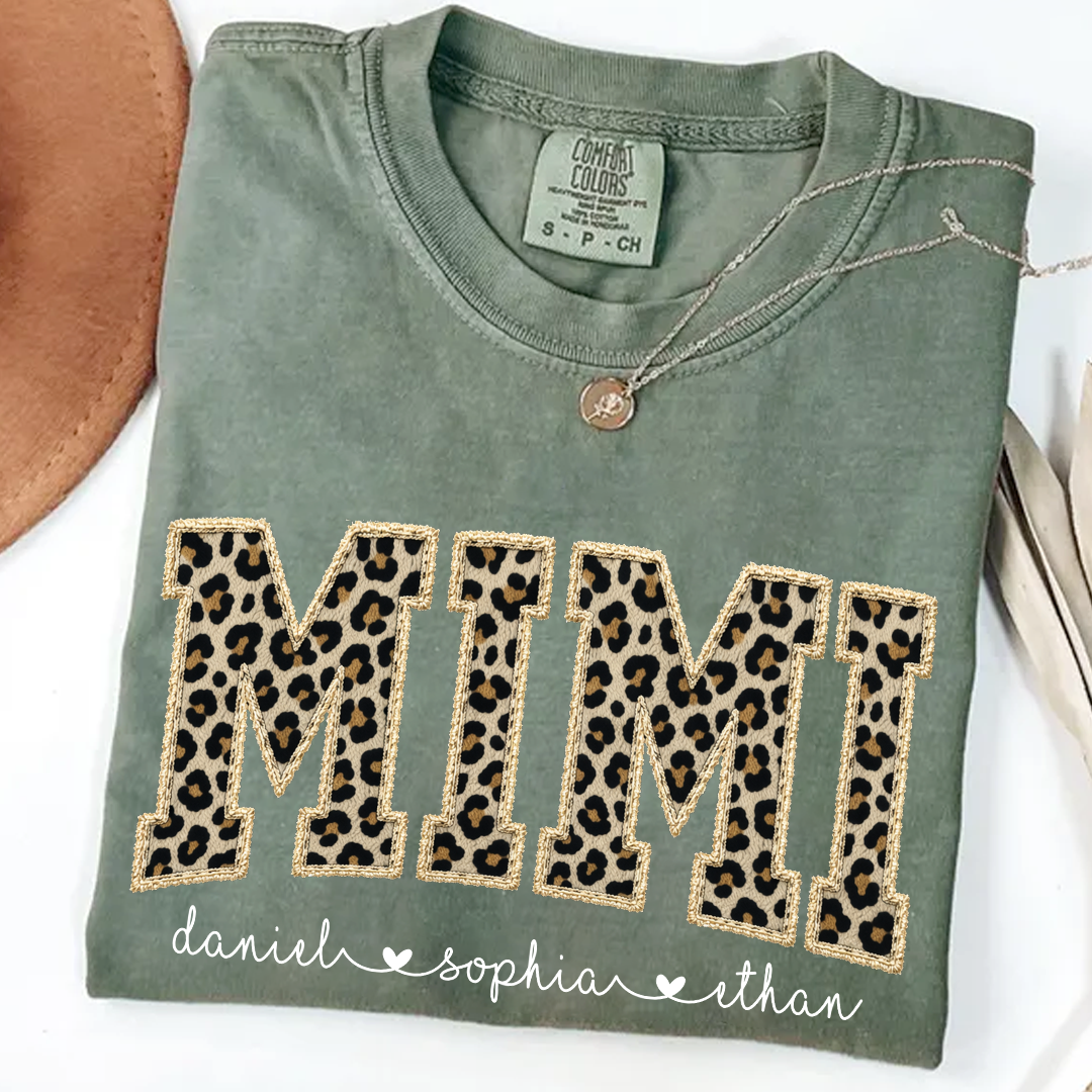 Personalized Mimi Shirt Leopard Print Patchwork Design Custom Grandma Nana Gigi Name Tee with Grandkids Names Trendy Animal Pattern Family Gift for Women