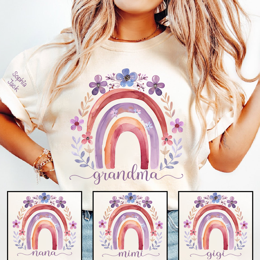 Personalized Rainbow Shirt Watercolor Floral Design Custom Grandma Nana Mimi Gigi Name Tee with Grandkids Names Family Gift for Her