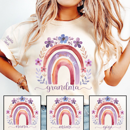 Personalized Rainbow Shirt Watercolor Floral Design Custom Grandma Nana Mimi Gigi Name Tee with Grandkids Names Family Gift for Her