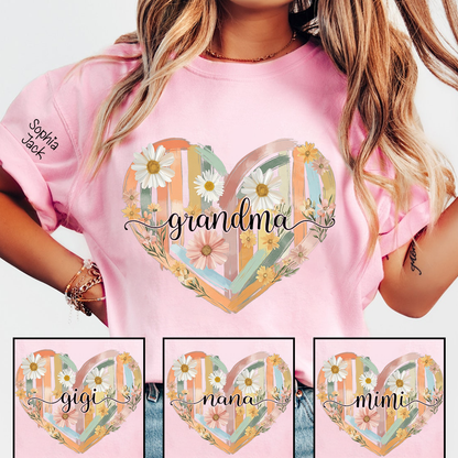 Personalized Grandma Shirt Retro Floral Heart Design Custom Nana Mimi Gigi Name Tee with Grandkids Names Vintage Family Outfit Gift for Her