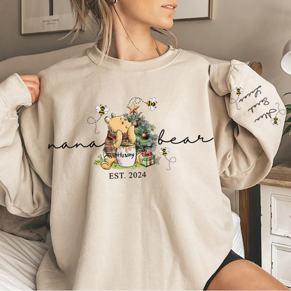 Custom Mimi Claus Christmas Lights Sweatshirt, Personalized Grandma Sweatshirt with Children Name on Sleeve