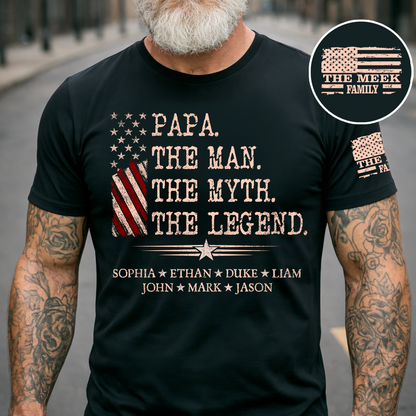 Custom Papa Shirt The Man The Myth The Legend with Kids Names, Vintage American Flag Dad Tee, Patriotic Gift for Father