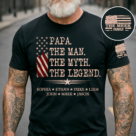 Custom Papa Shirt The Man The Myth The Legend with Kids Names, Vintage American Flag Dad Tee, Patriotic Gift for Father