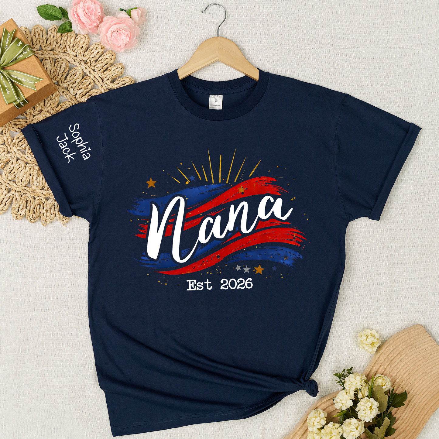 Promoted to Nana Est 2026 Shirt, Personalized Patriotic Nana T-Shirt with Grandkids Names on Sleeve, American Flag Brush Stroke Custom Grandma Tee