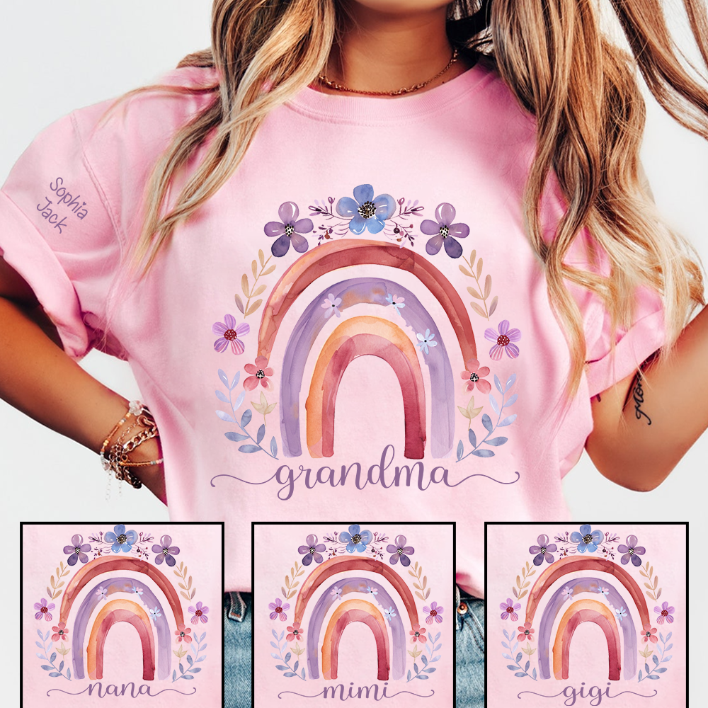 Personalized Rainbow Shirt Watercolor Floral Design Custom Grandma Nana Mimi Gigi Name Tee with Grandkids Names Family Gift for Her