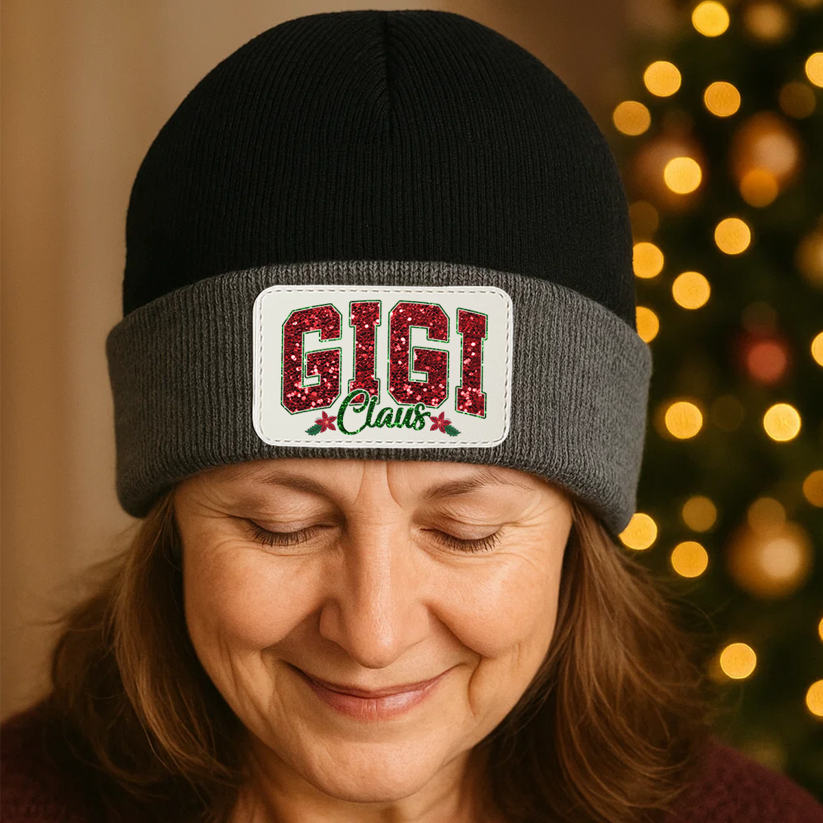 Personalized Gigi Claus Christmas Beanie, Custom Name Patch Knit Hat for Grandma, Holiday Gift for Gigi, Embroidered Winter Hat