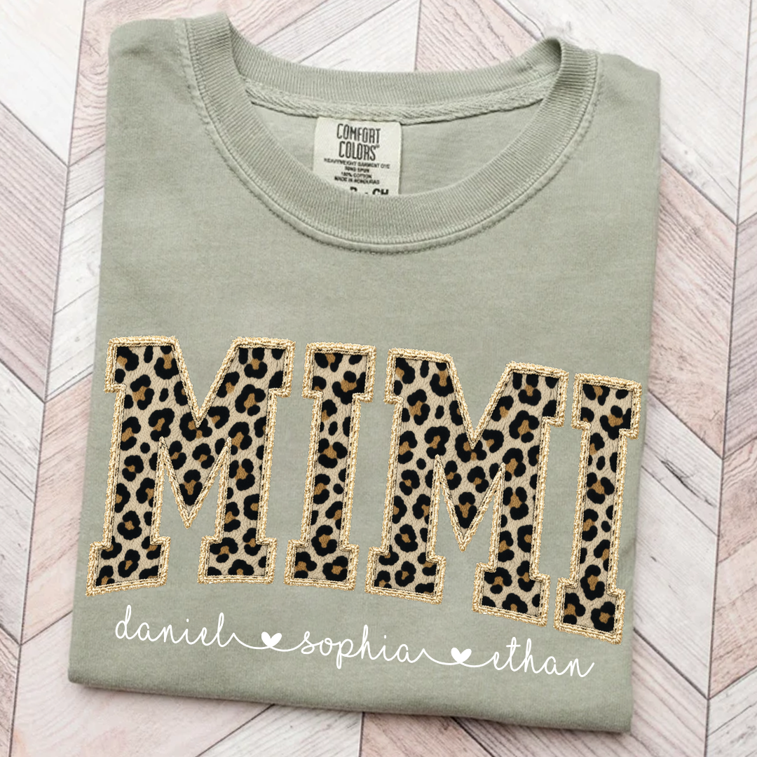 Personalized Mimi Shirt Leopard Print Patchwork Design Custom Grandma Nana Gigi Name Tee with Grandkids Names Trendy Animal Pattern Family Gift for Women