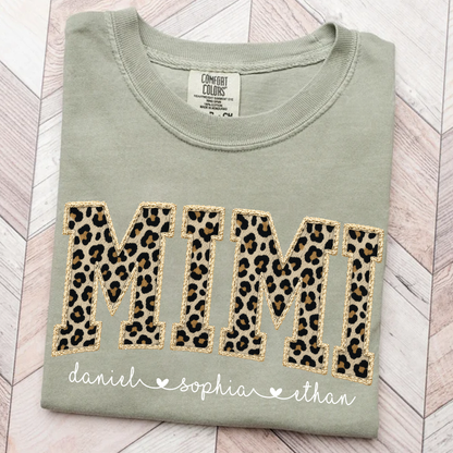 Personalized Mimi Shirt Leopard Print Patchwork Design Custom Grandma Nana Gigi Name Tee with Grandkids Names Trendy Animal Pattern Family Gift for Women