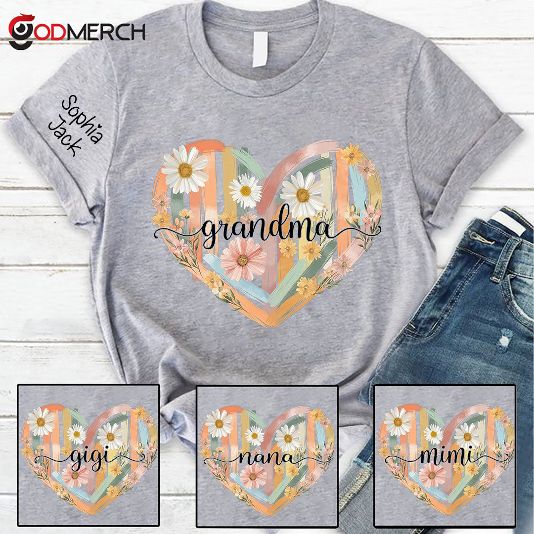 Personalized Grandma Shirt Retro Floral Heart Design Custom Nana Mimi Gigi Name Tee with Grandkids Names Vintage Family Outfit Gift for Her