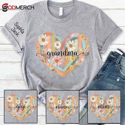 Personalized Grandma Shirt Retro Floral Heart Design Custom Nana Mimi Gigi Name Tee with Grandkids Names Vintage Family Outfit Gift for Her