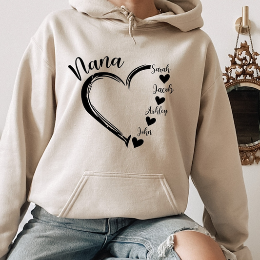 Personalized Nana Heart Hoodie, Custom Grandma, Mimi, Nana, Gigi Heart with kid names Hoodie