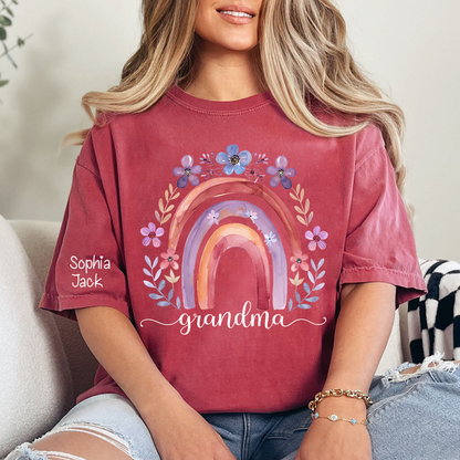 Personalized Rainbow Shirt Watercolor Floral Design Custom Grandma Nana Mimi Gigi Name Tee with Grandkids Names Family Gift for Her