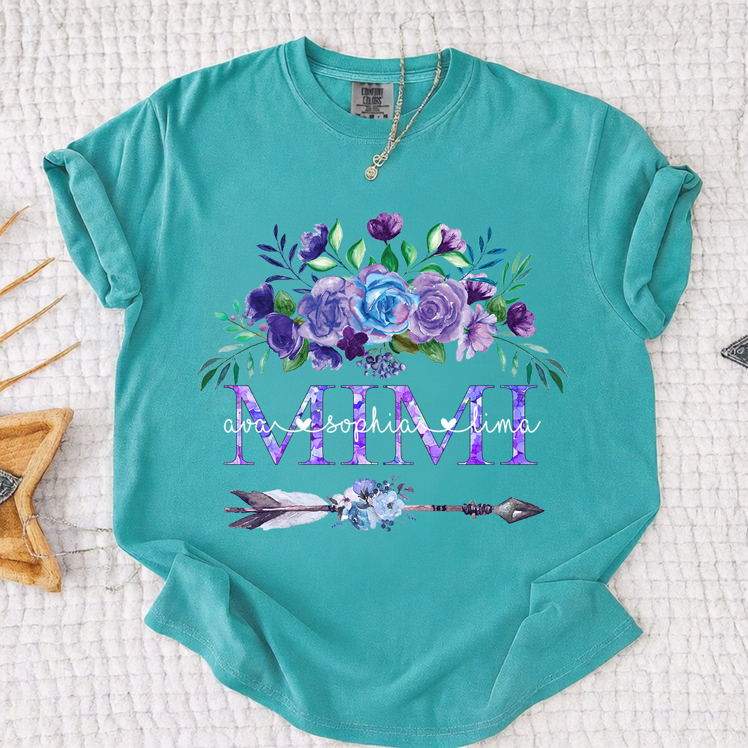 Comfort Colors Personalized Mimi T-shirt with Custom Names, Floral and Arrow Design, Customizable Gift for Mimi