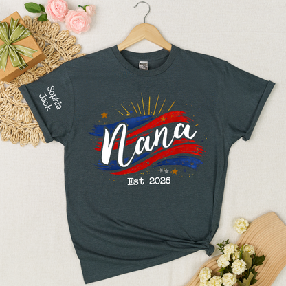 Promoted to Nana Est 2026 Shirt, Personalized Patriotic Nana T-Shirt with Grandkids Names on Sleeve, American Flag Brush Stroke Custom Grandma Tee
