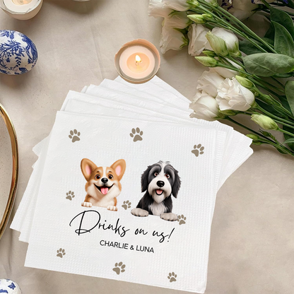 Custom Pet Wedding Cocktail Napkins – Drinks on Us with Dog Names Napkinds