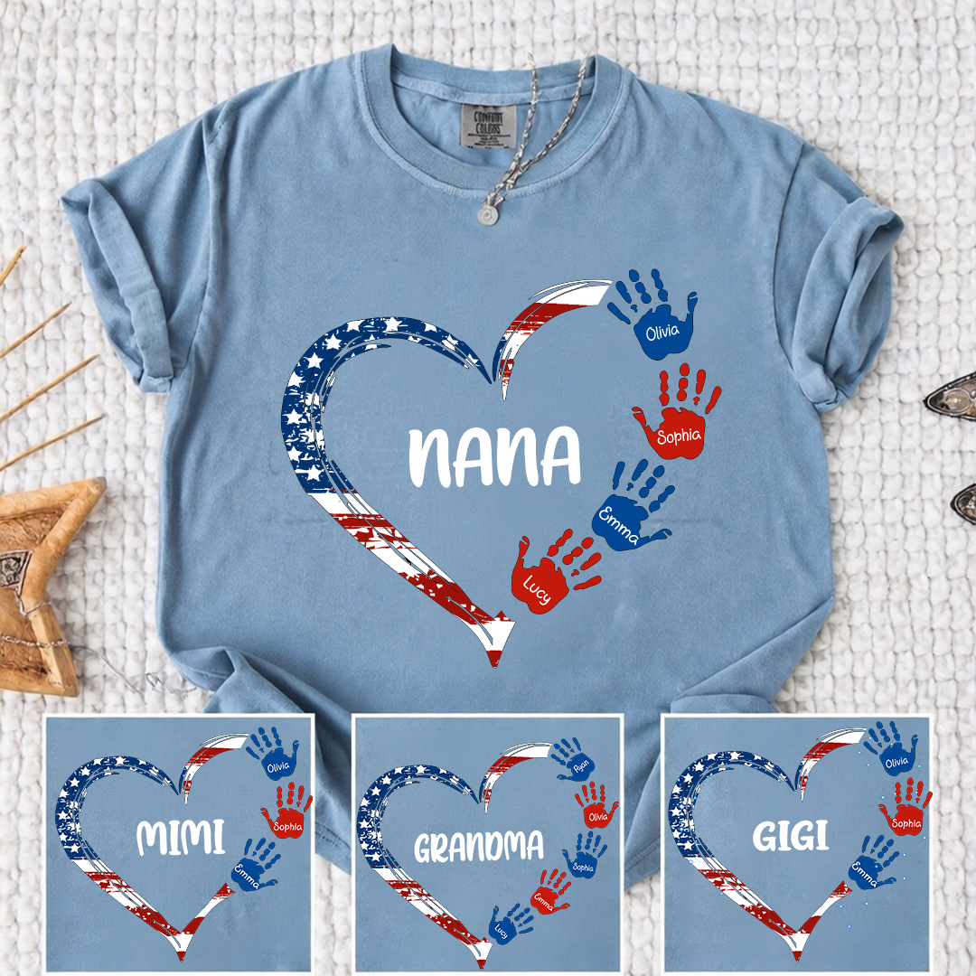 Comfort Color Personalized Nana Shirt Patriotic Heart Handprint Design Custom Grandma Mimi Gigi Name Tee with Grandkids Names Family 4th of July Outfit
