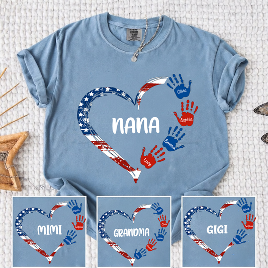 Comfort Color Personalized Nana Shirt Patriotic Heart Handprint Design Custom Grandma Mimi Gigi Name Tee with Grandkids Names Family 4th of July Outfit