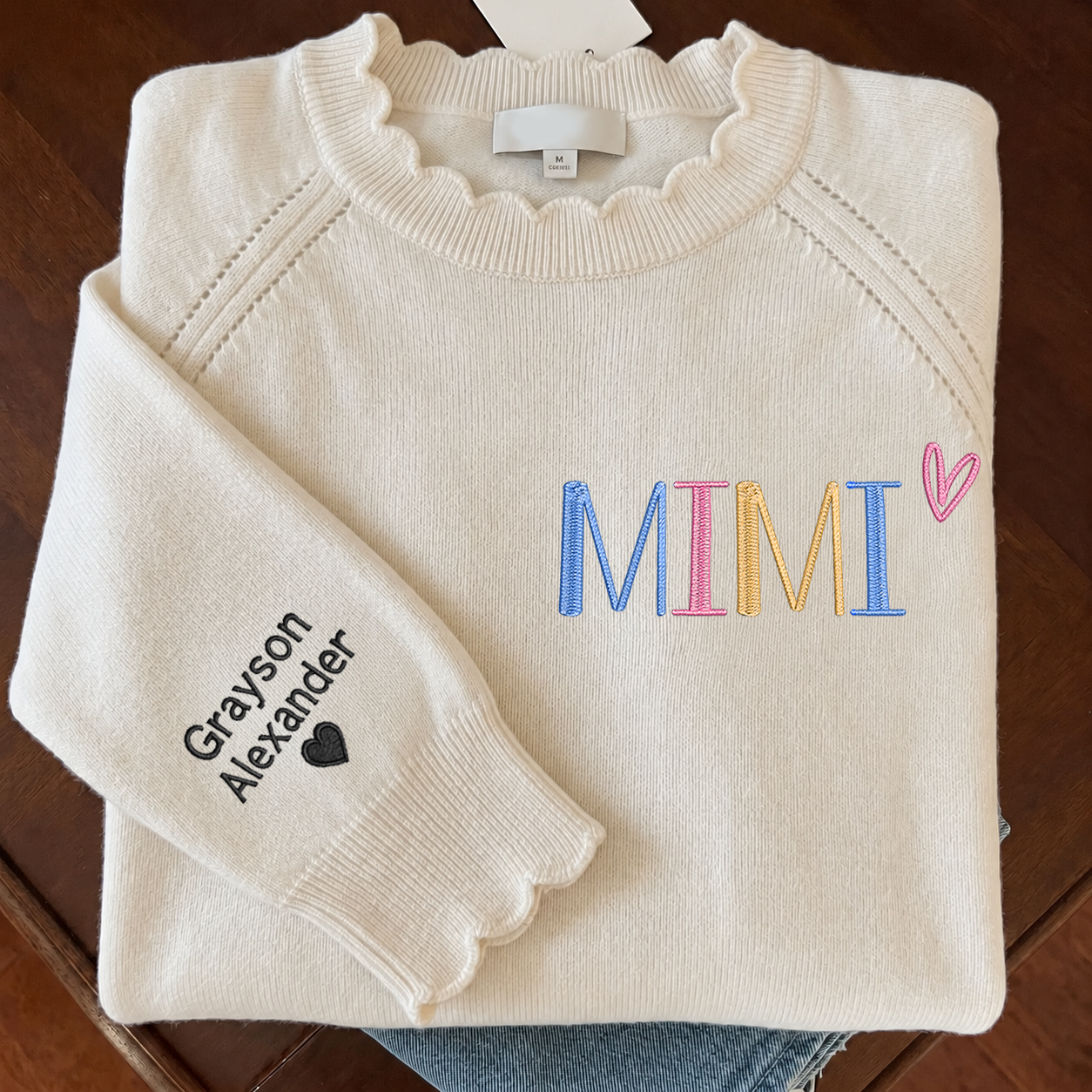 Embroidered Mimi Knit Sweater, Personalized Crewneck, Custom Sleeve Names and Heart, Grandma Gift Ideas