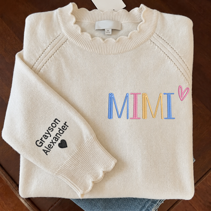 Embroidered Mimi Knit Sweater, Personalized Crewneck, Custom Sleeve Names and Heart, Grandma Gift Ideas