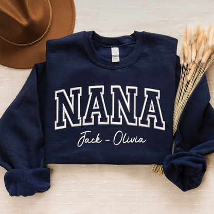 Custom Embroidered Nana With Grandkids Name on Sleeve Sweatshirt, Personalized Grandma Sweatshirt, Mothers Day Gift for Mom Grandma Mimi Nana Gigi Gaga