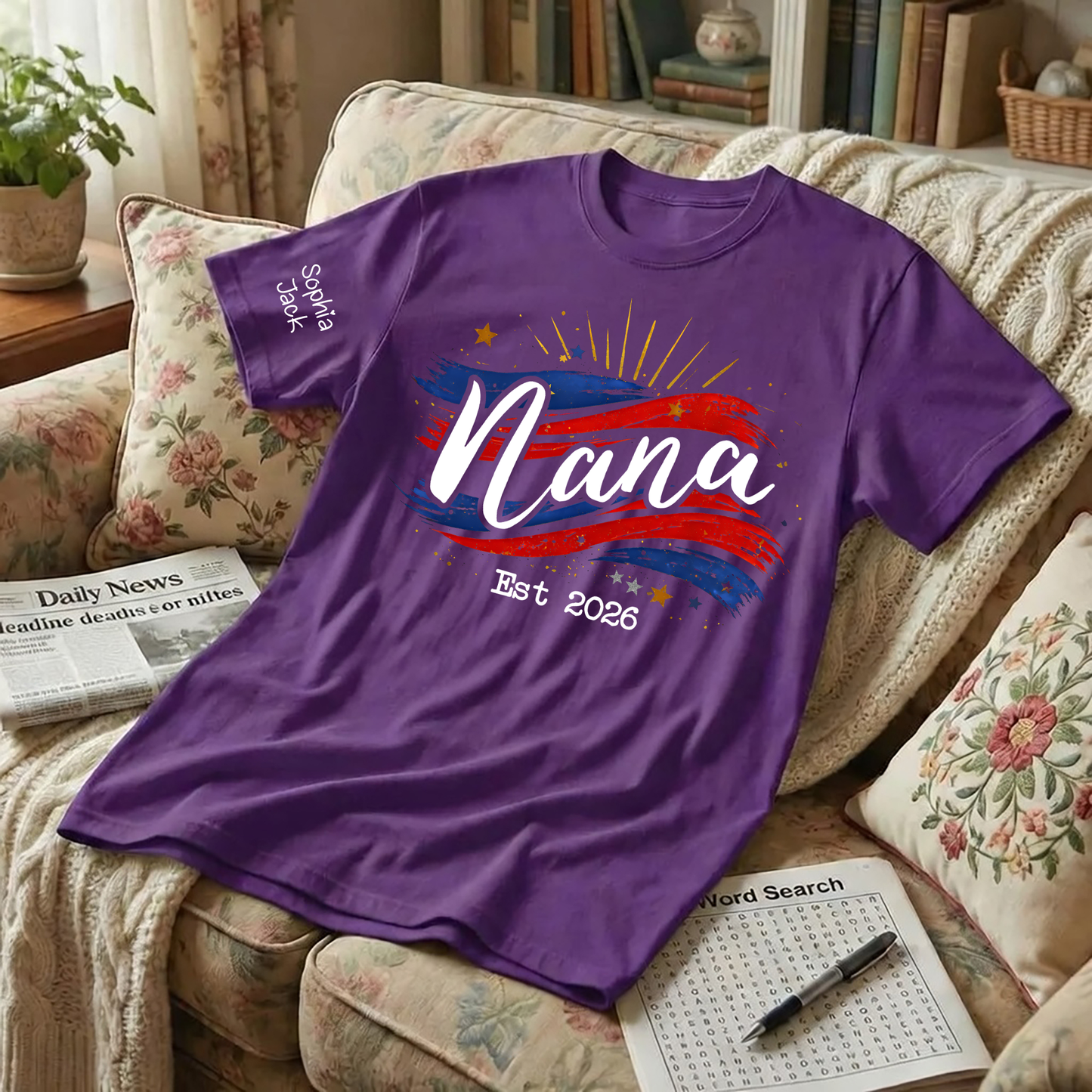 Promoted to Nana Est 2026 Shirt, Personalized Patriotic Nana T-Shirt with Grandkids Names on Sleeve, American Flag Brush Stroke Custom Grandma Tee