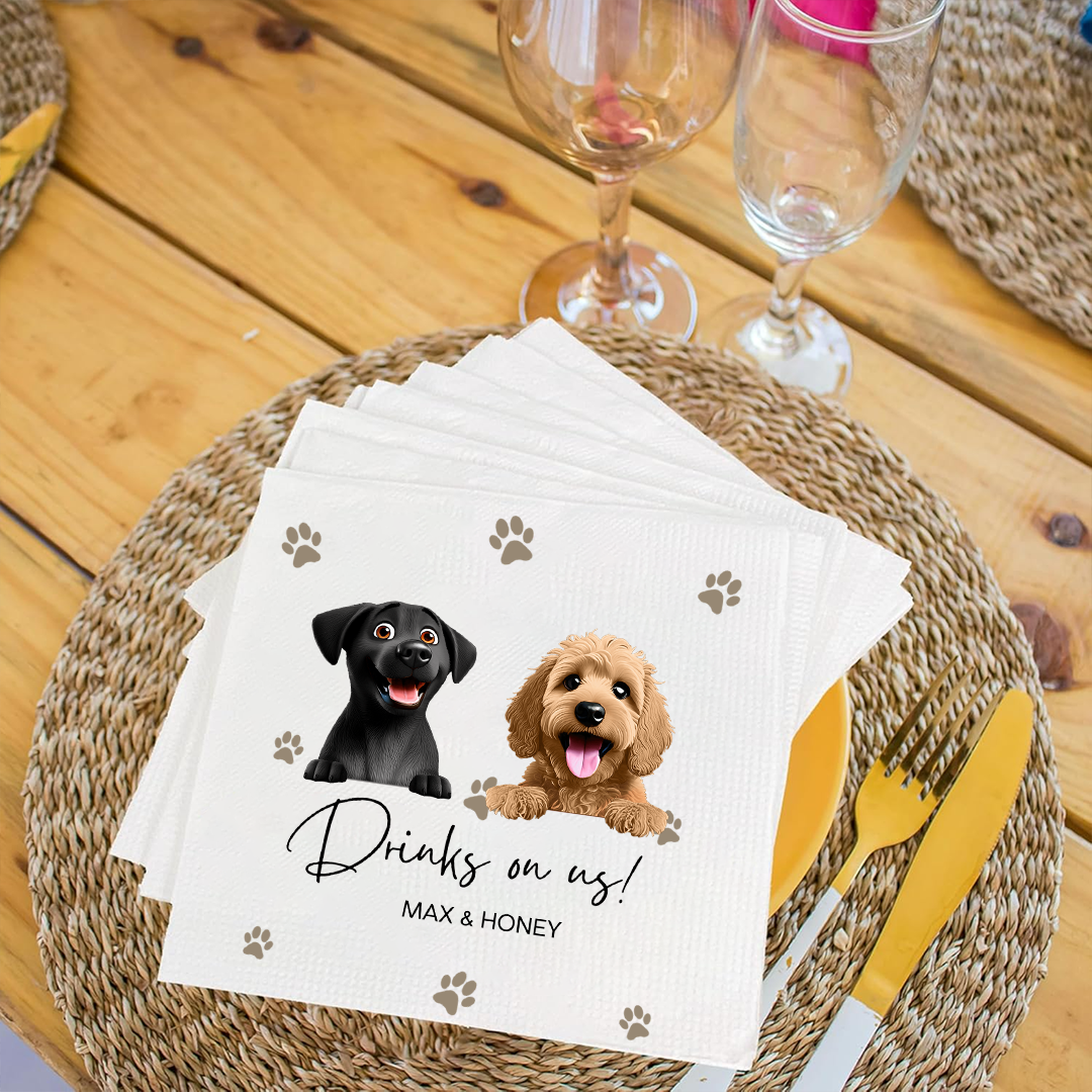 Custom Pet Wedding Cocktail Napkins – Drinks on Us with Dog Names Napkinds
