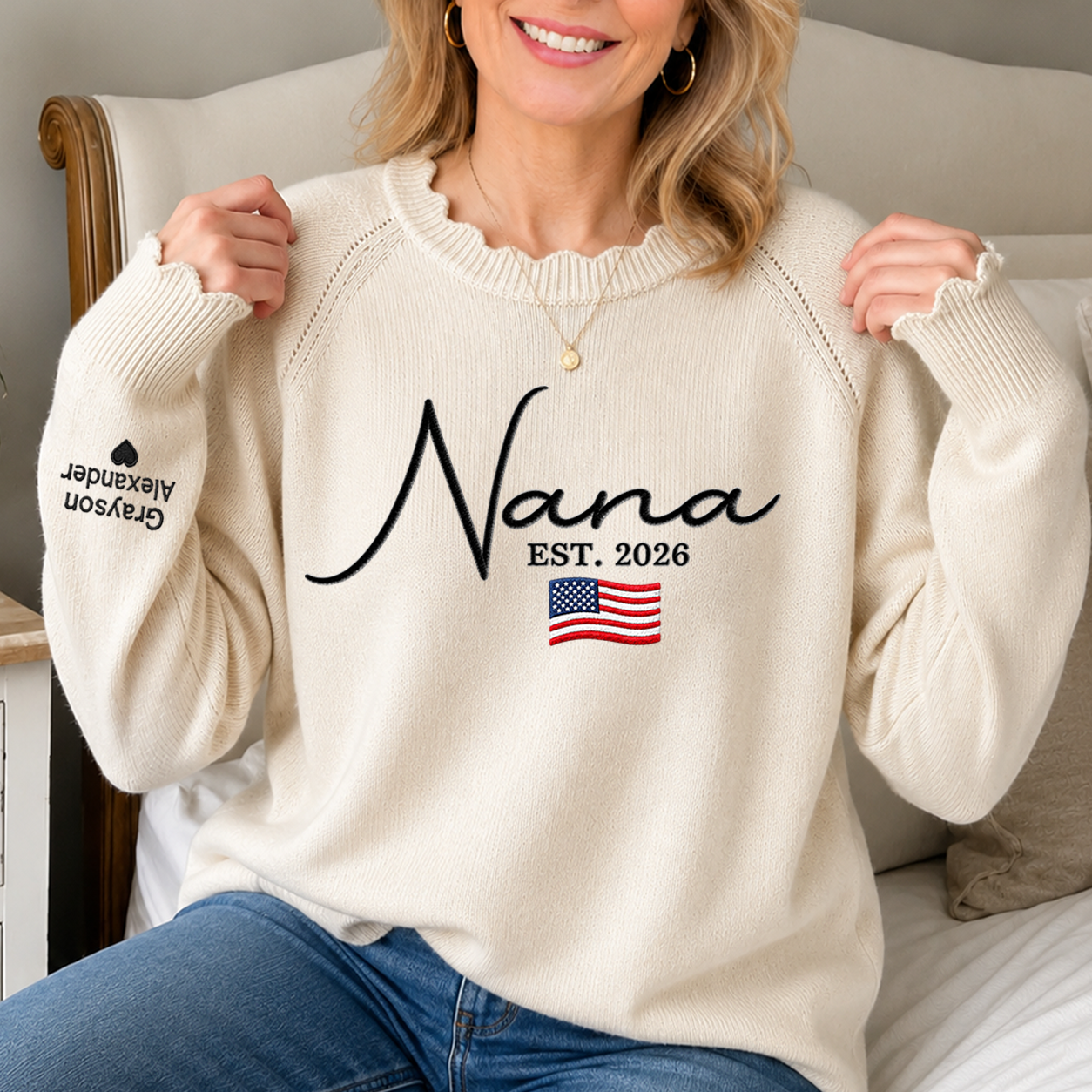 Embroidered Nana Knit Sweater, Personalized Puff Sleeve Crewneck, Custom Sleeve Names, American Flag Grandma Gift