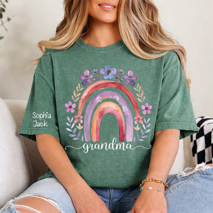 Personalized Rainbow Shirt Watercolor Floral Design Custom Grandma Nana Mimi Gigi Name Tee with Grandkids Names Family Gift for Her