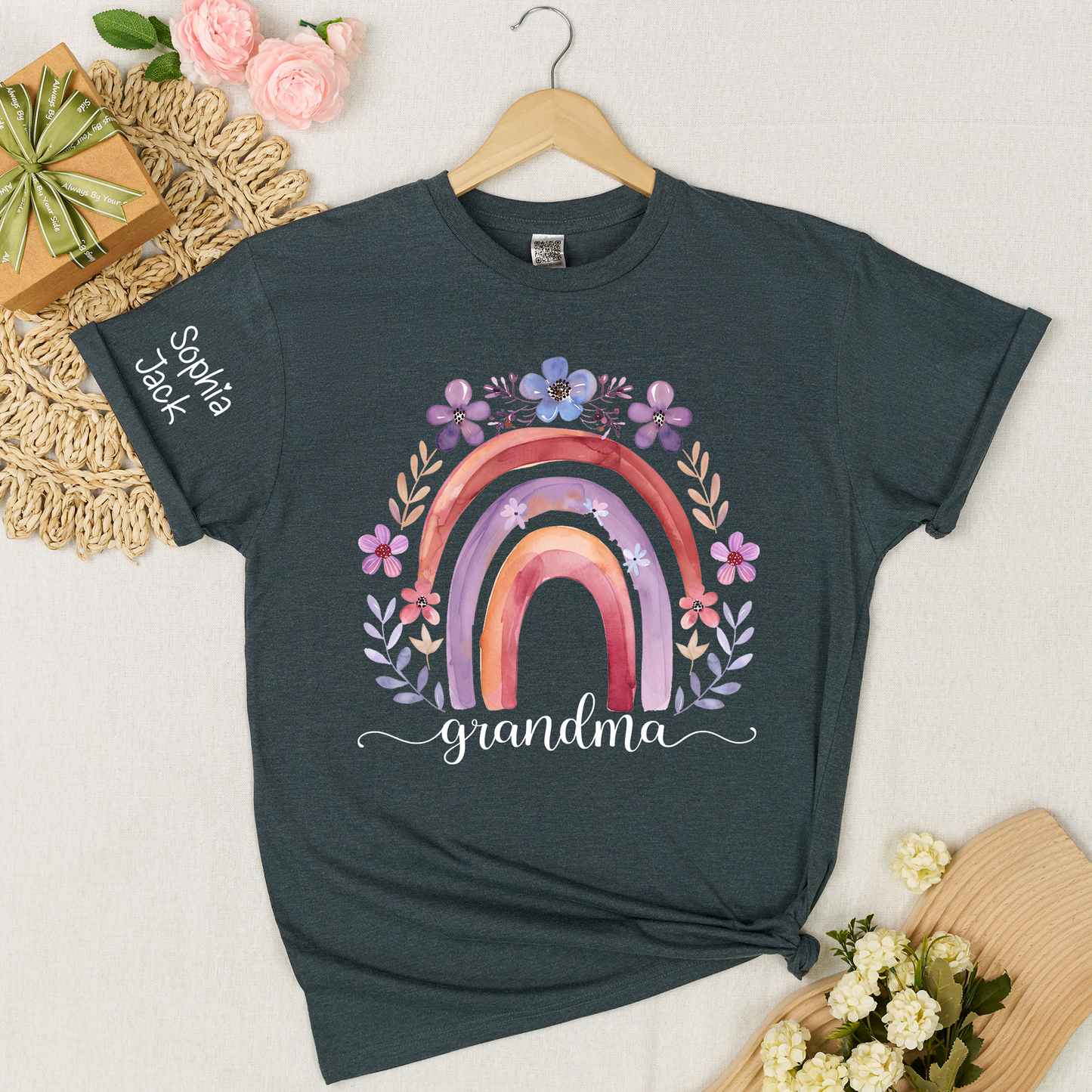 Personalized Rainbow Shirt Watercolor Floral Design Custom Grandma Nana Mimi Gigi Name Tee with Grandkids Names Family Gift for Her
