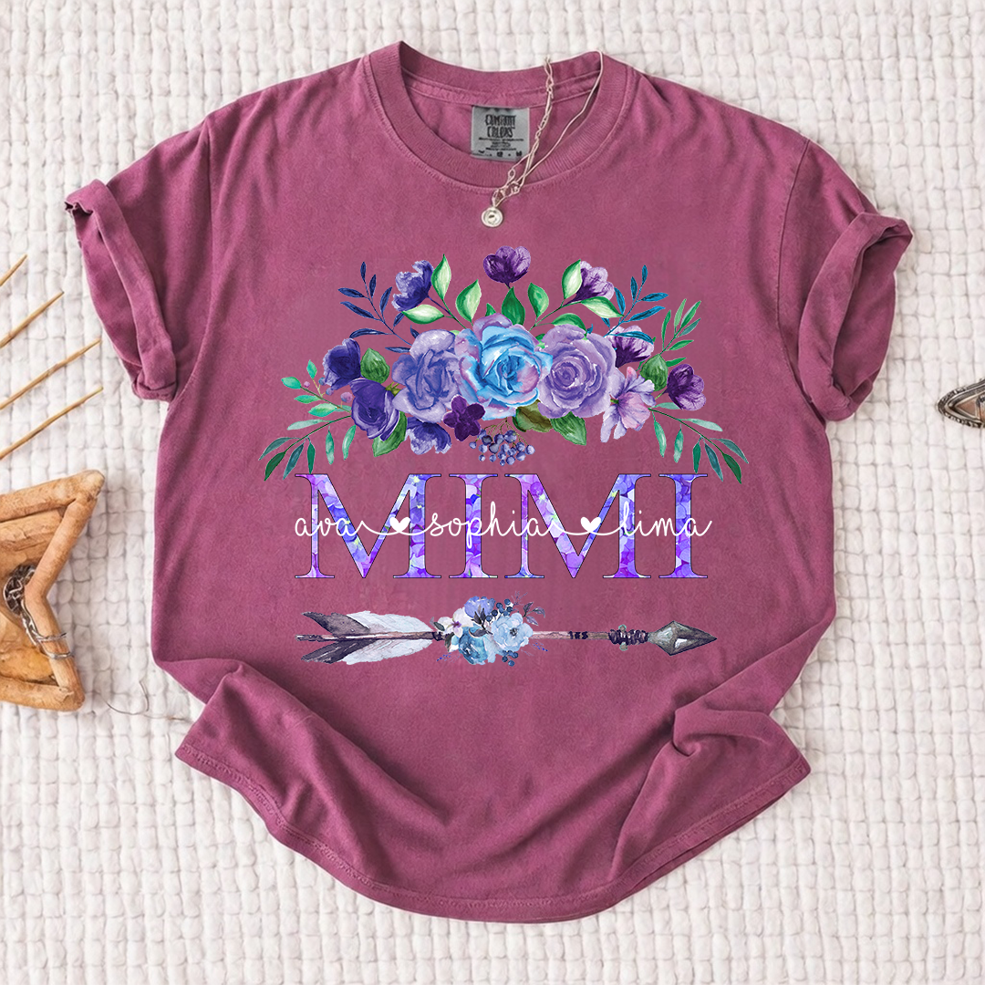 Comfort Colors Personalized Mimi T-shirt with Custom Names, Floral and Arrow Design, Customizable Gift for Mimi