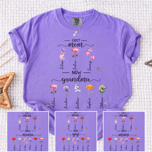 Comfort Colors First Mom Now Grandma Shirt, Personalized Floral Grandma T-Shirt with Grandkids' Names, Custom Flower Tee, Gift for Mother's Day Birthday Comfort Colors T-Shirt