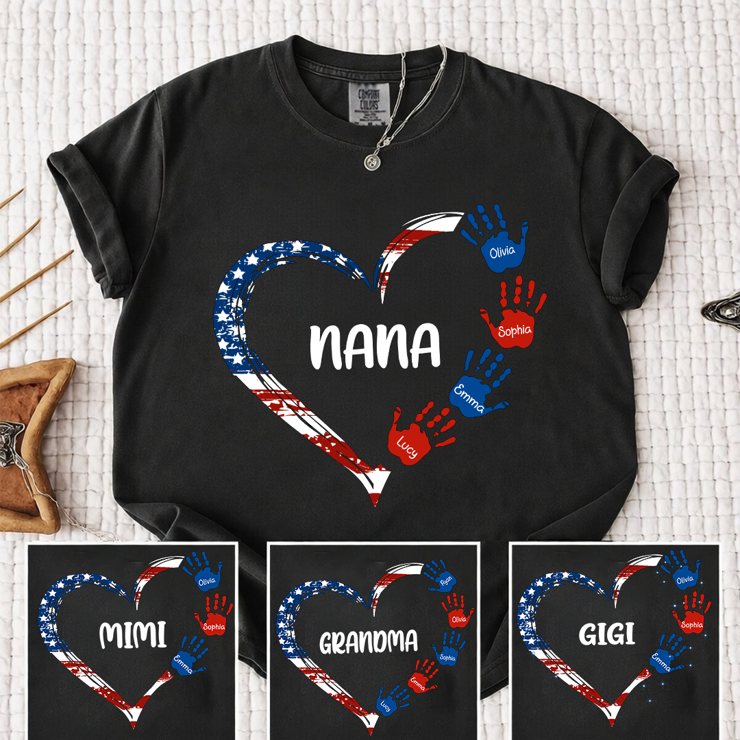 Comfort Color Personalized Nana Shirt Patriotic Heart Handprint Design Custom Grandma Mimi Gigi Name Tee with Grandkids Names Family 4th of July Outfit