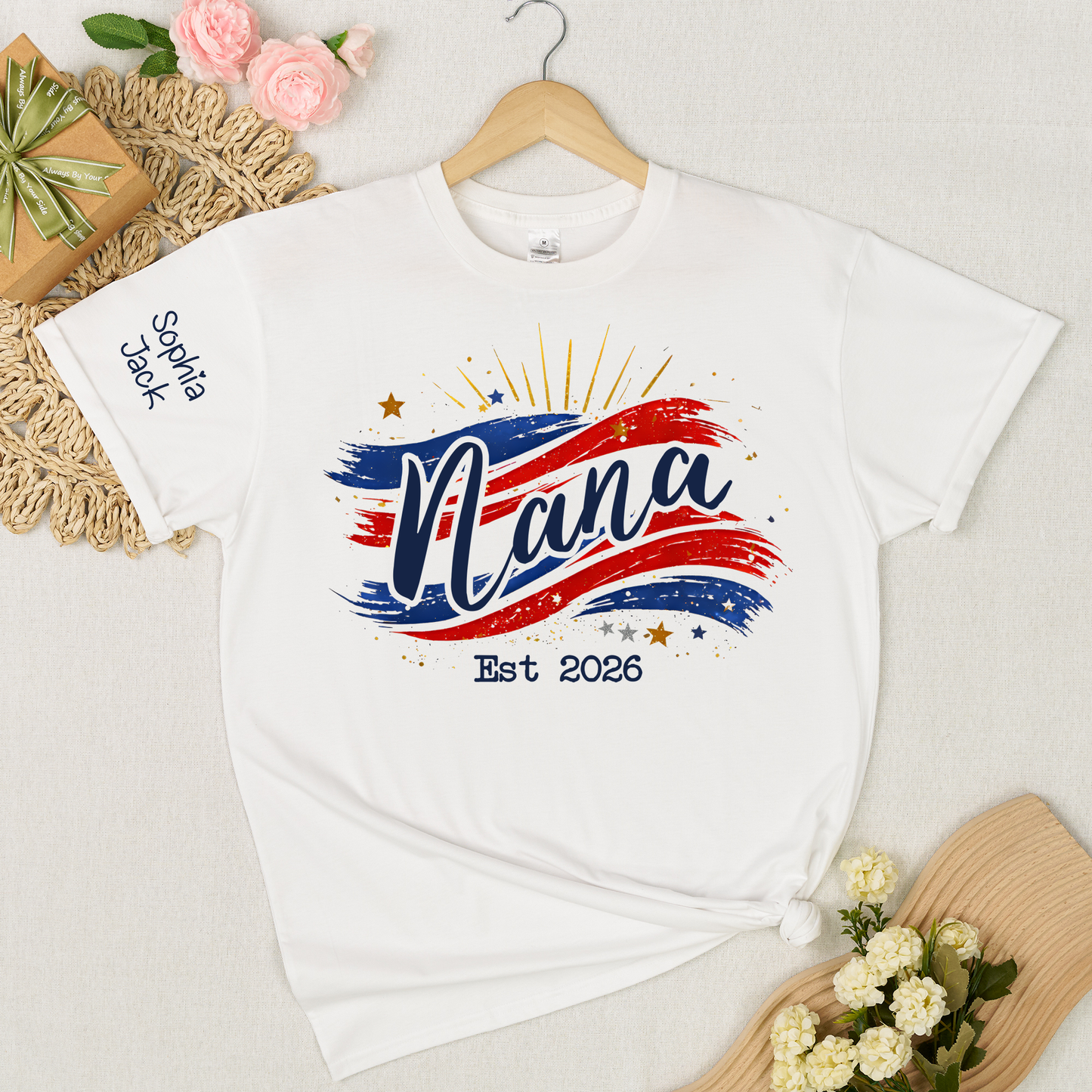 Promoted to Nana Est 2026 Shirt, Personalized Patriotic Nana T-Shirt with Grandkids Names on Sleeve, American Flag Brush Stroke Custom Grandma Tee