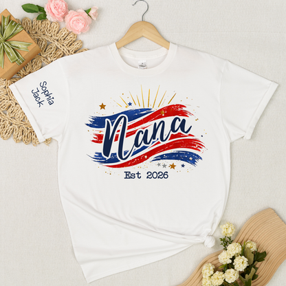 Promoted to Nana Est 2026 Shirt, Personalized Patriotic Nana T-Shirt with Grandkids Names on Sleeve, American Flag Brush Stroke Custom Grandma Tee