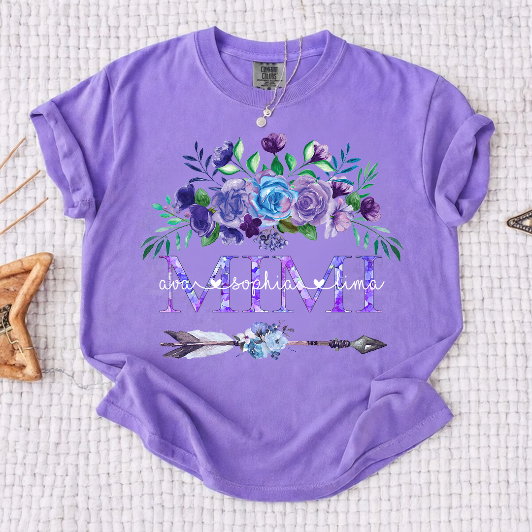 Comfort Colors Personalized Mimi T-shirt with Custom Names, Floral and Arrow Design, Customizable Gift for Mimi
