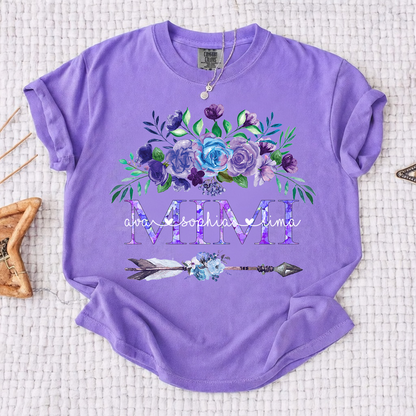 Comfort Colors Personalized Mimi T-shirt with Custom Names, Floral and Arrow Design, Customizable Gift for Mimi