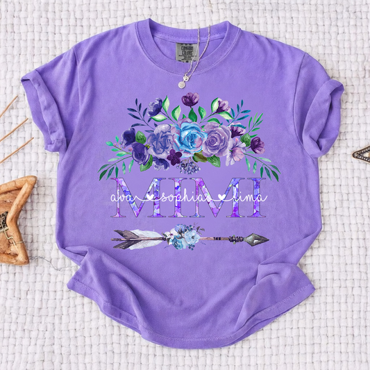 Comfort Colors Personalized Mimi T-shirt with Custom Names, Floral and Arrow Design, Customizable Gift for Mimi