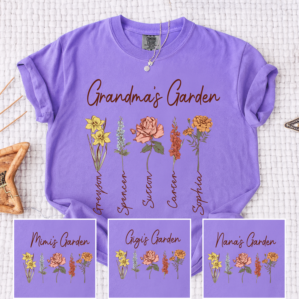 Comfort Colors Grandma's Garden Shirt, Personalized Floral Grandma T-Shirt with Grandkids' Names, Custom Flower Tee for Grandma, Mother's Day Gift