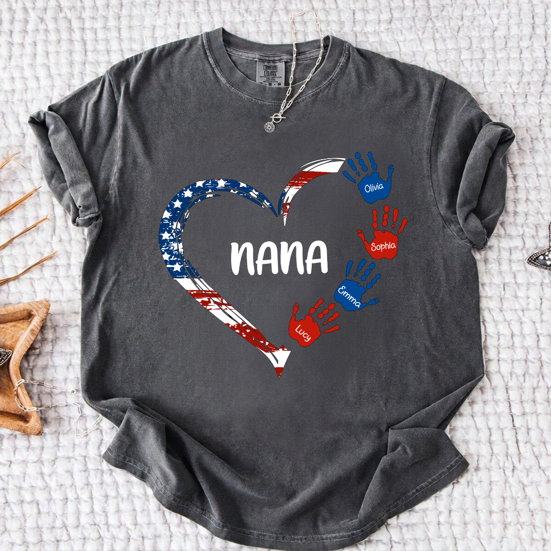 Comfort Color Personalized Nana Shirt Patriotic Heart Handprint Design Custom Grandma Mimi Gigi Name Tee with Grandkids Names Family 4th of July Outfit