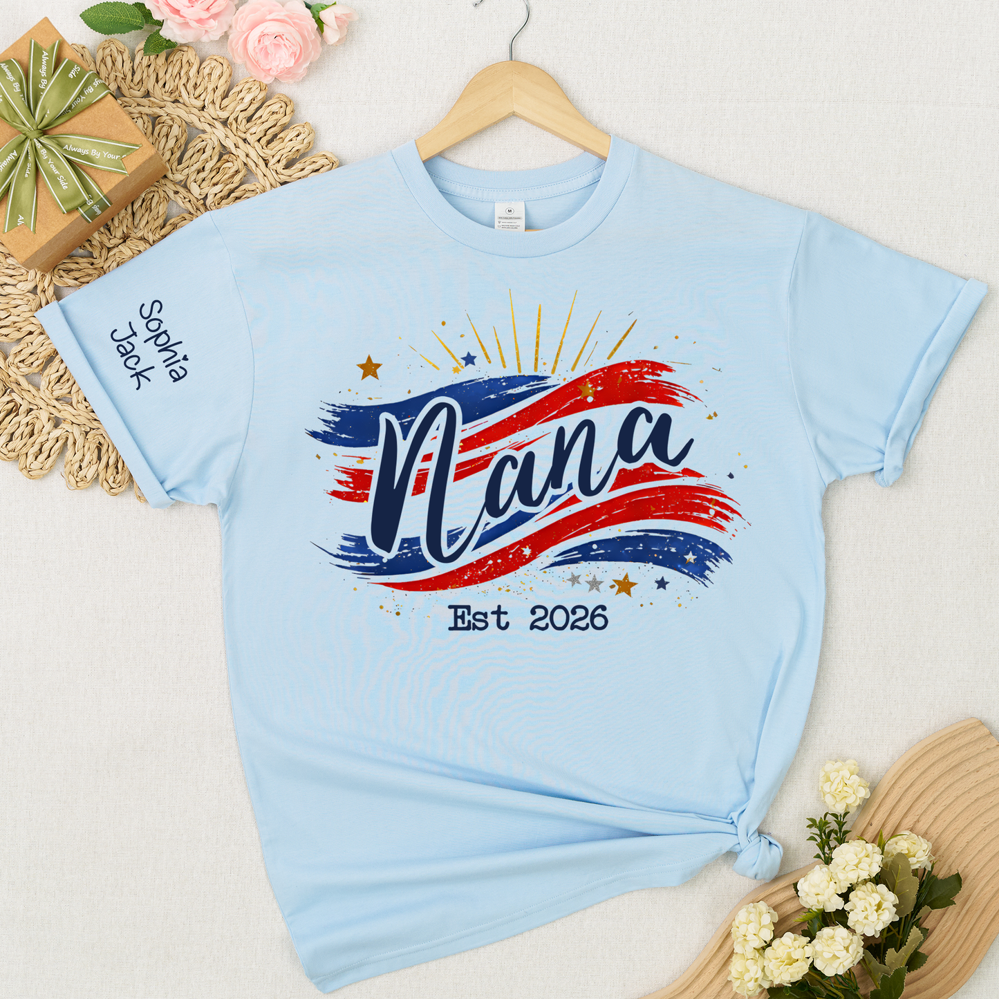 Promoted to Nana Est 2026 Shirt, Personalized Patriotic Nana T-Shirt with Grandkids Names on Sleeve, American Flag Brush Stroke Custom Grandma Tee