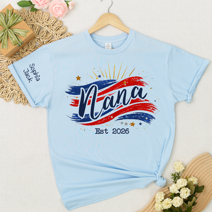 Promoted to Nana Est 2026 Shirt, Personalized Patriotic Nana T-Shirt with Grandkids Names on Sleeve, American Flag Brush Stroke Custom Grandma Tee